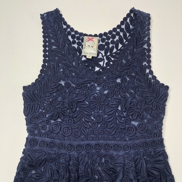 YOANA Baraschi BHLDN Navy Embroidered Floral Leaf Lace 100% Silk Cocktail Dress - Picture 6 of 16
